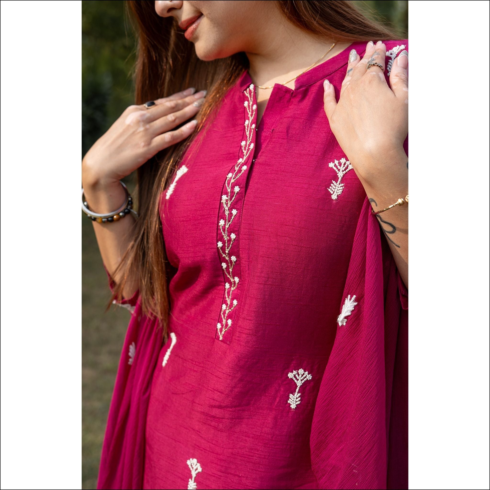 Magenta Dupian Silk Suit with Pearl Handwork & Embroidered Dupatta