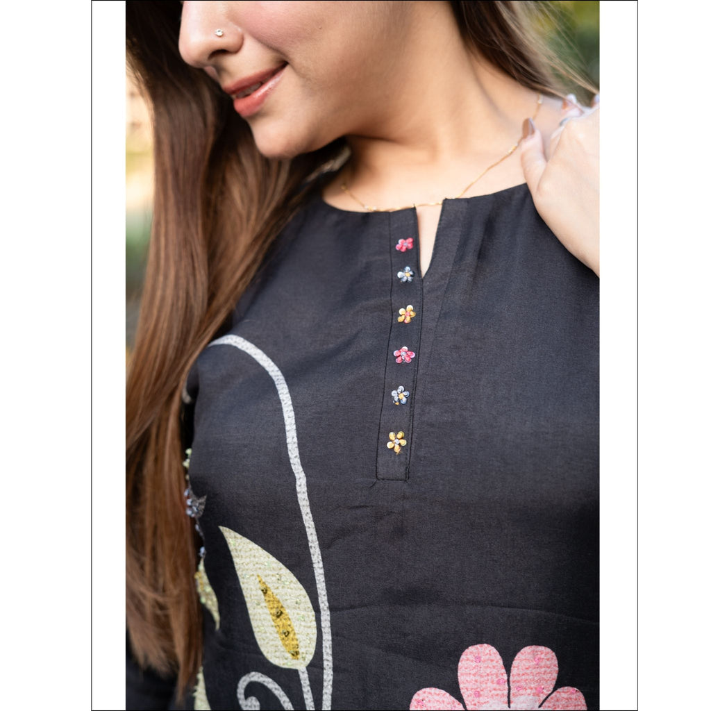 Black Russian Muslin Kurti with Floral Print & Sequin Embroidery