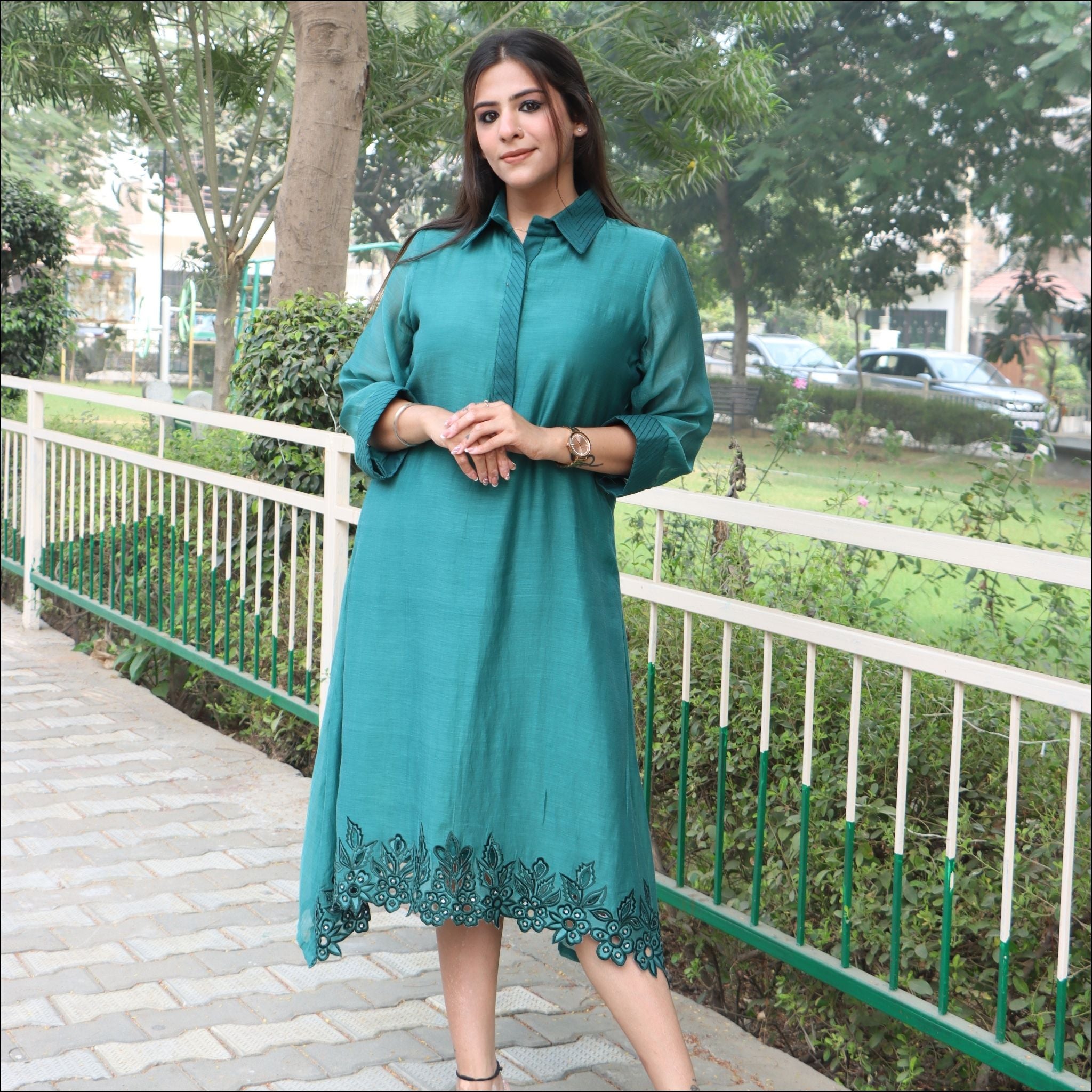 C-Cut Mul Cotton Dress with Collar & Mirror Work Embroidery