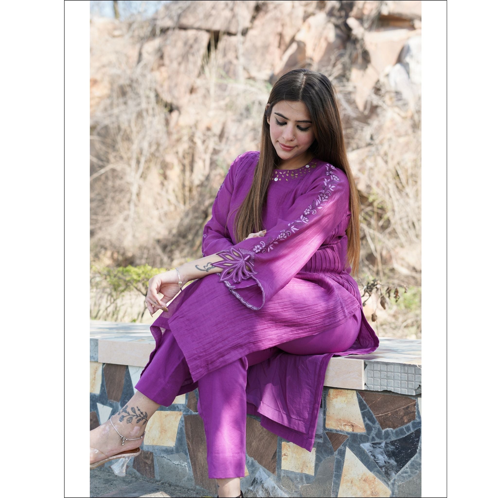 Purple Mul Cotton Kurti Pant Set with Bell Sleeves & Embroidery