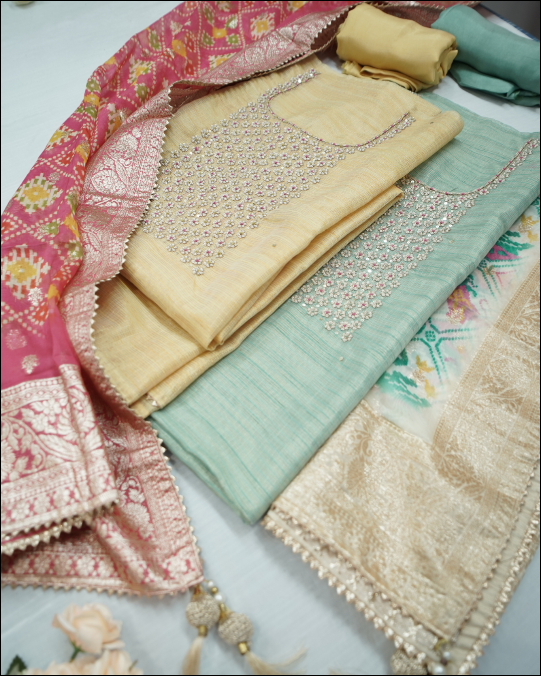 Unstitched Tissue Suit Set with Pearl Work & Patola Dupatta