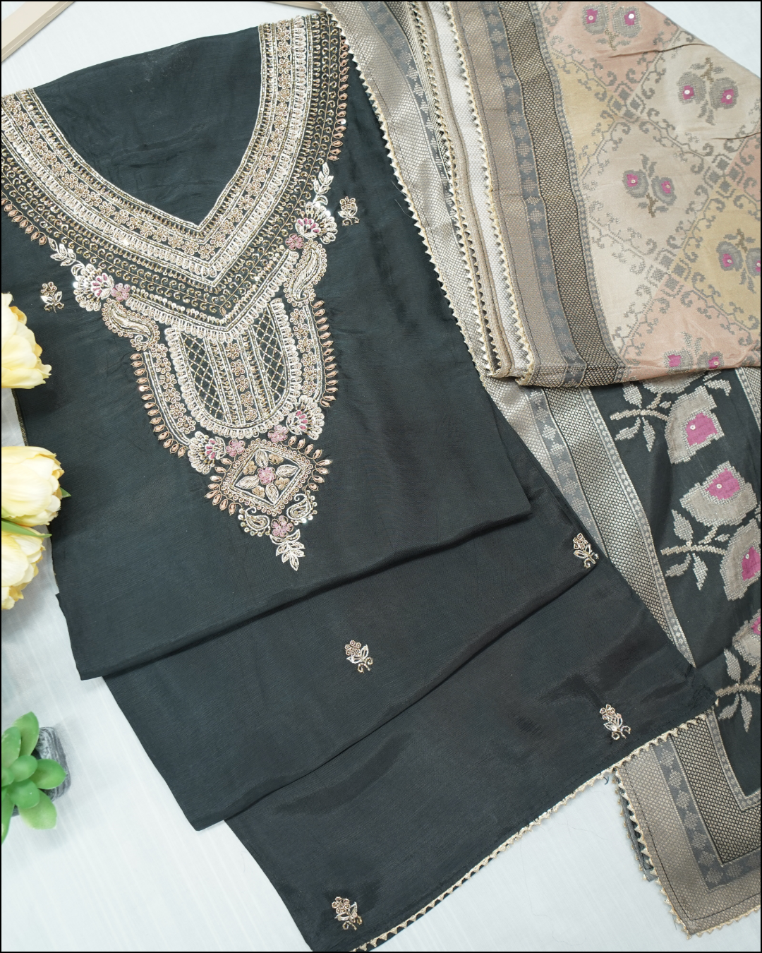 Unstitched Black Crepe Suit Set with Zari Work & Beige Zari Dupatta