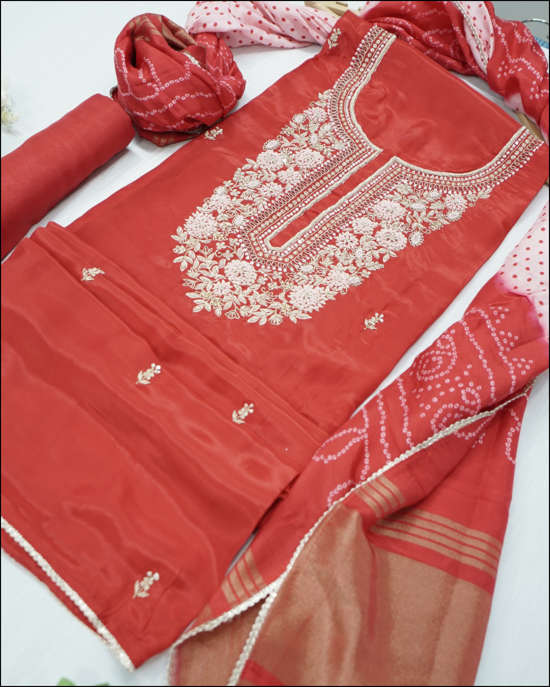 Unstitched Crepe Suit Set with Handwork Yoke & Bandhej Dupatta