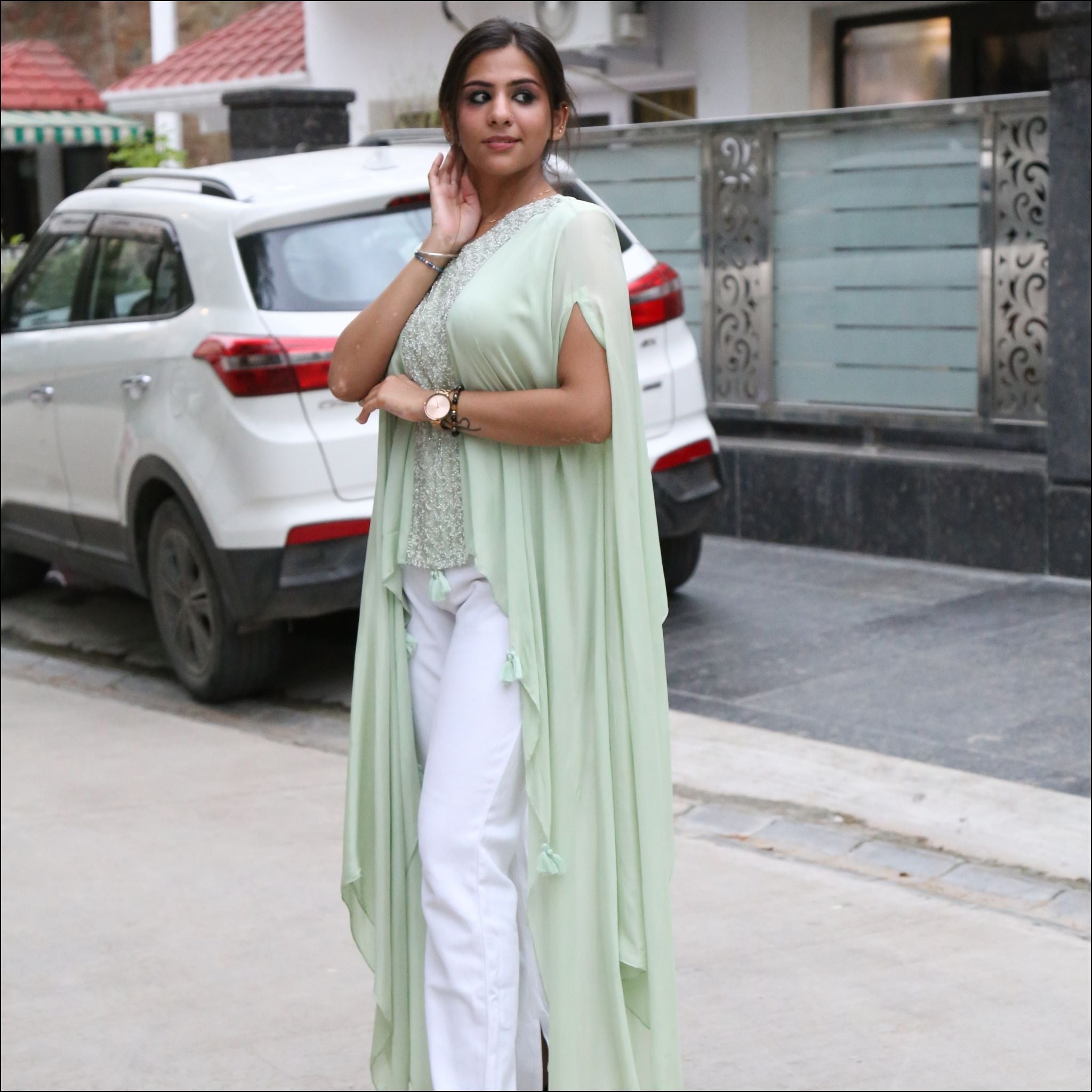 Indo Western Chinon Kaftan Top with Pearl & Cut Dana Handwork