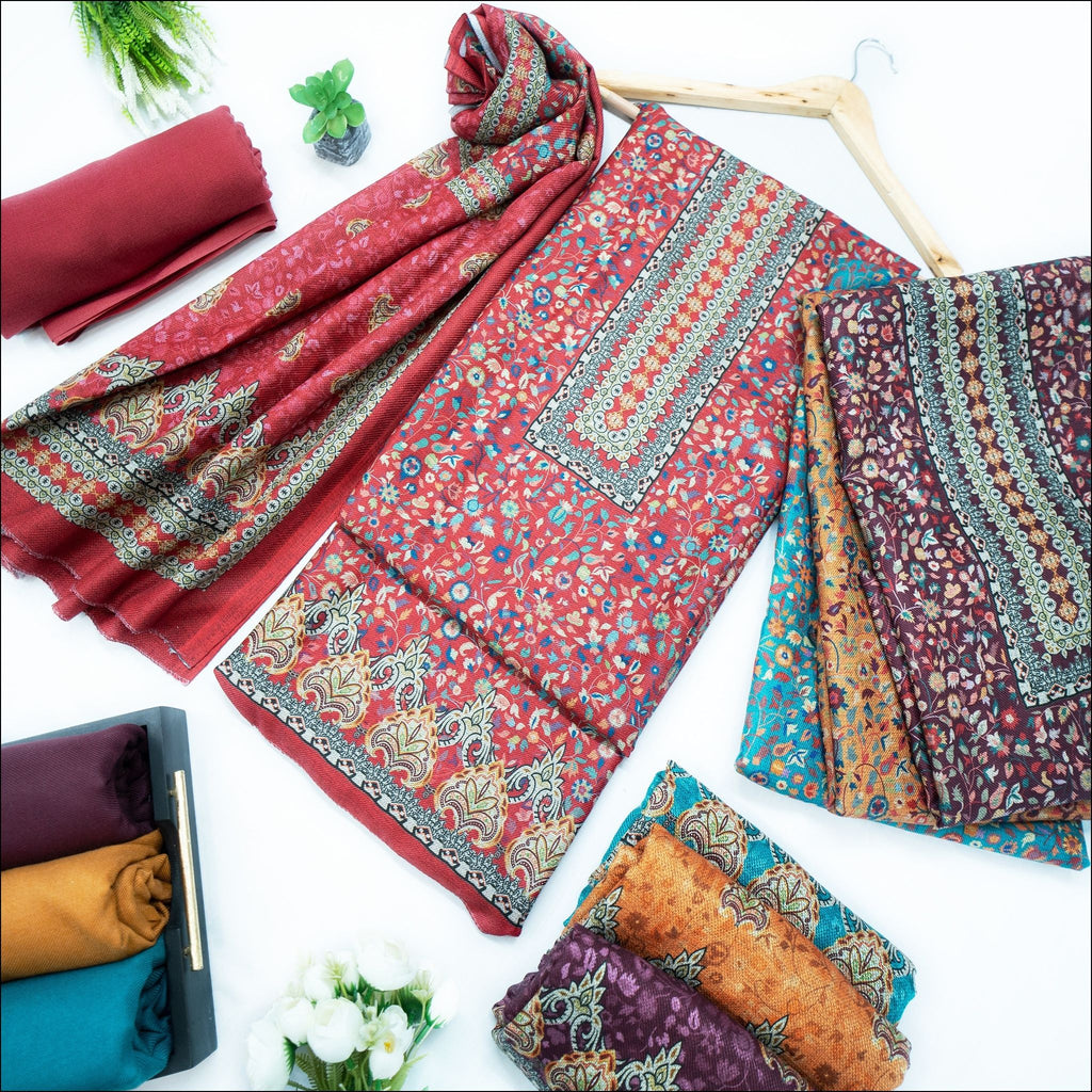 Red Blue Rust Purple Spun Unstitched Winter Suit Set