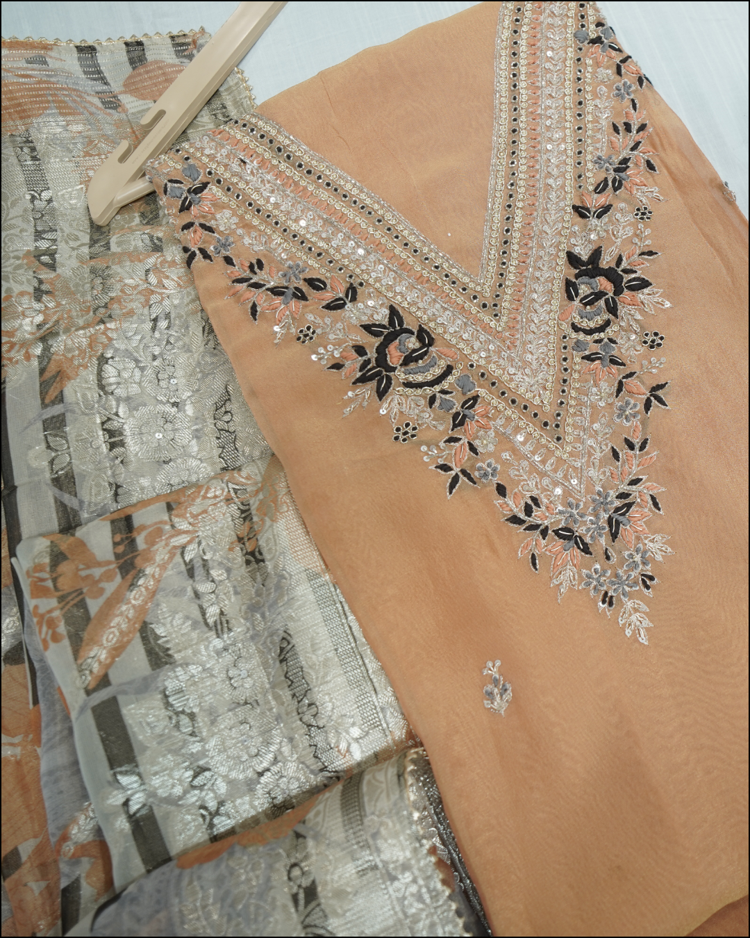 Unstitched Tissue Suit Set with Zari Dupatta & Hand-Embroidered Yoke