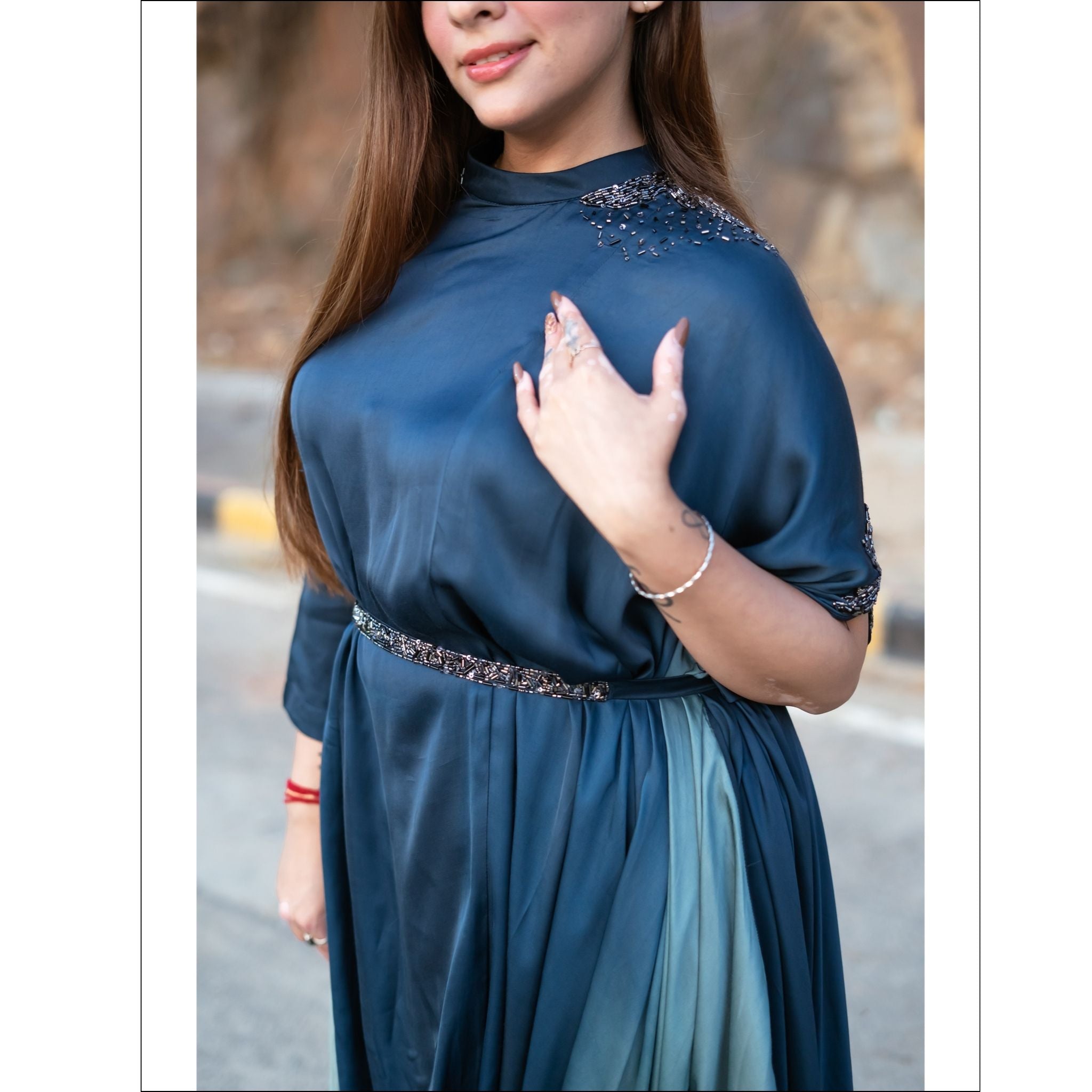 Blue Ombre Modal Silk Indo Western Gown with Handwork Belt