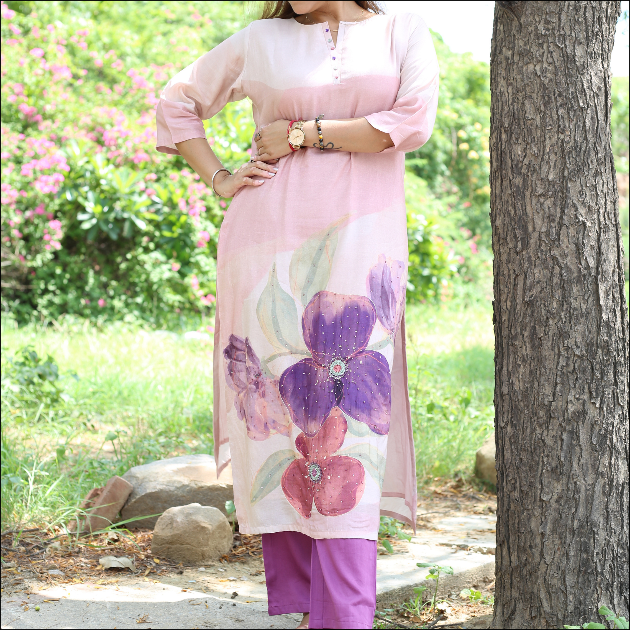 Printed Muslin Kurti with Handwork Floral Design & Buttons