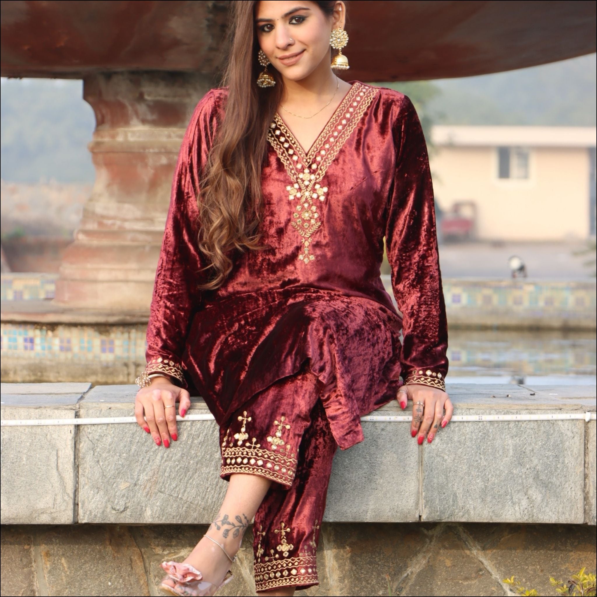 Maroon Velvet Kurti Pant with Embroidered with Mirror Work