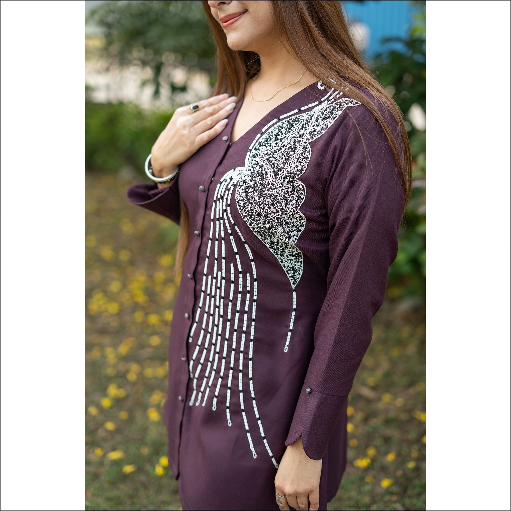 Wine Spun Co-ord Set with Handwork & V-Neck