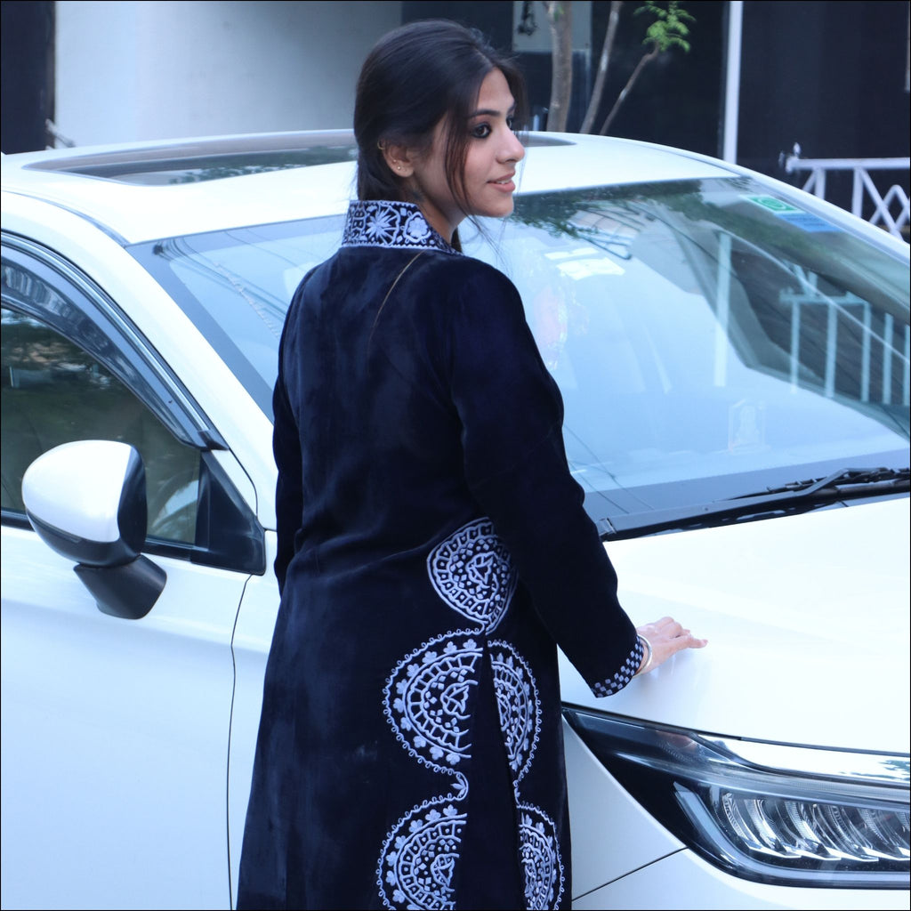Dark Blue Velvet Kurti Pant Set with Embroidered Collar & Sleeves