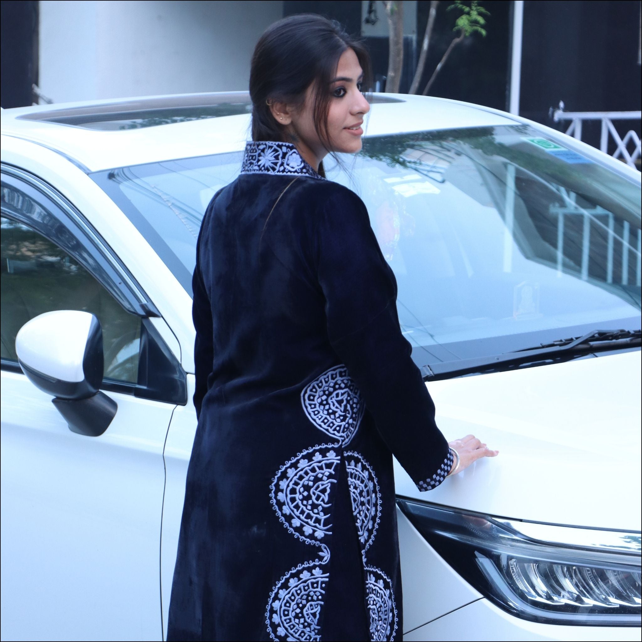 Dark Blue Velvet Kurti Pant Set with Embroidered Collar & Sleeves
