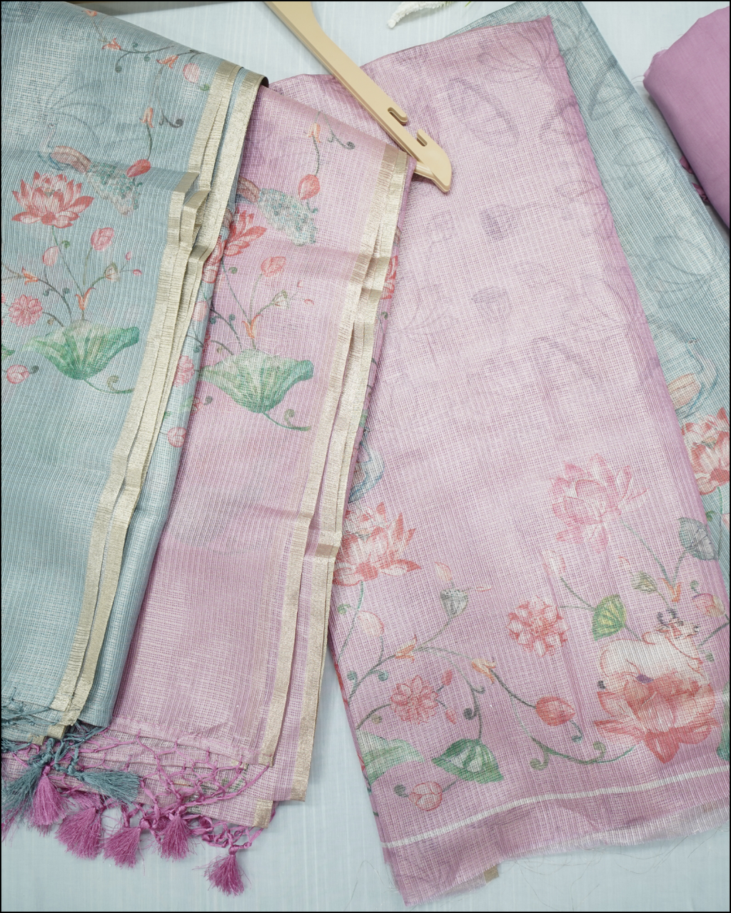 Unstitched Printed Tissue Suit Set with Floral Dupatta