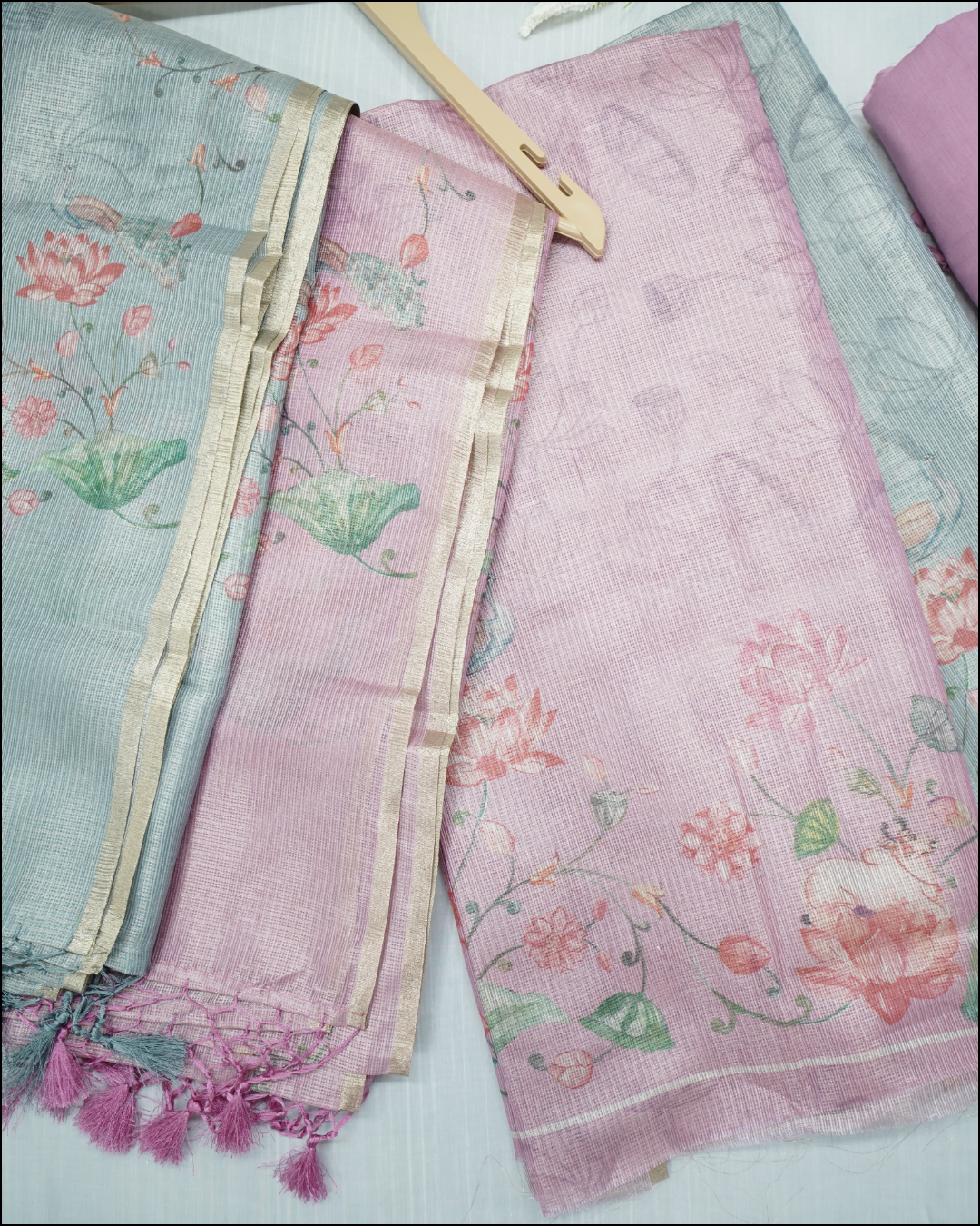 Unstitched Printed Tissue Suit Set with Floral Dupatta