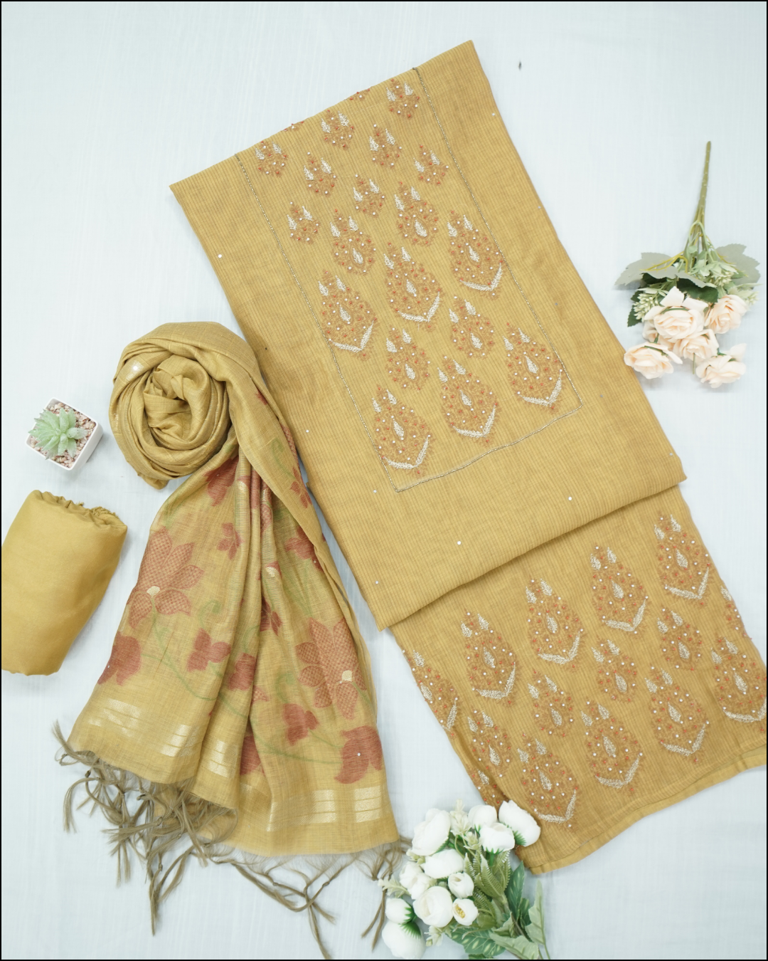 Unstitched Suit Set with Zari & Pearl Work and Chanderi Jamdani Dupatta