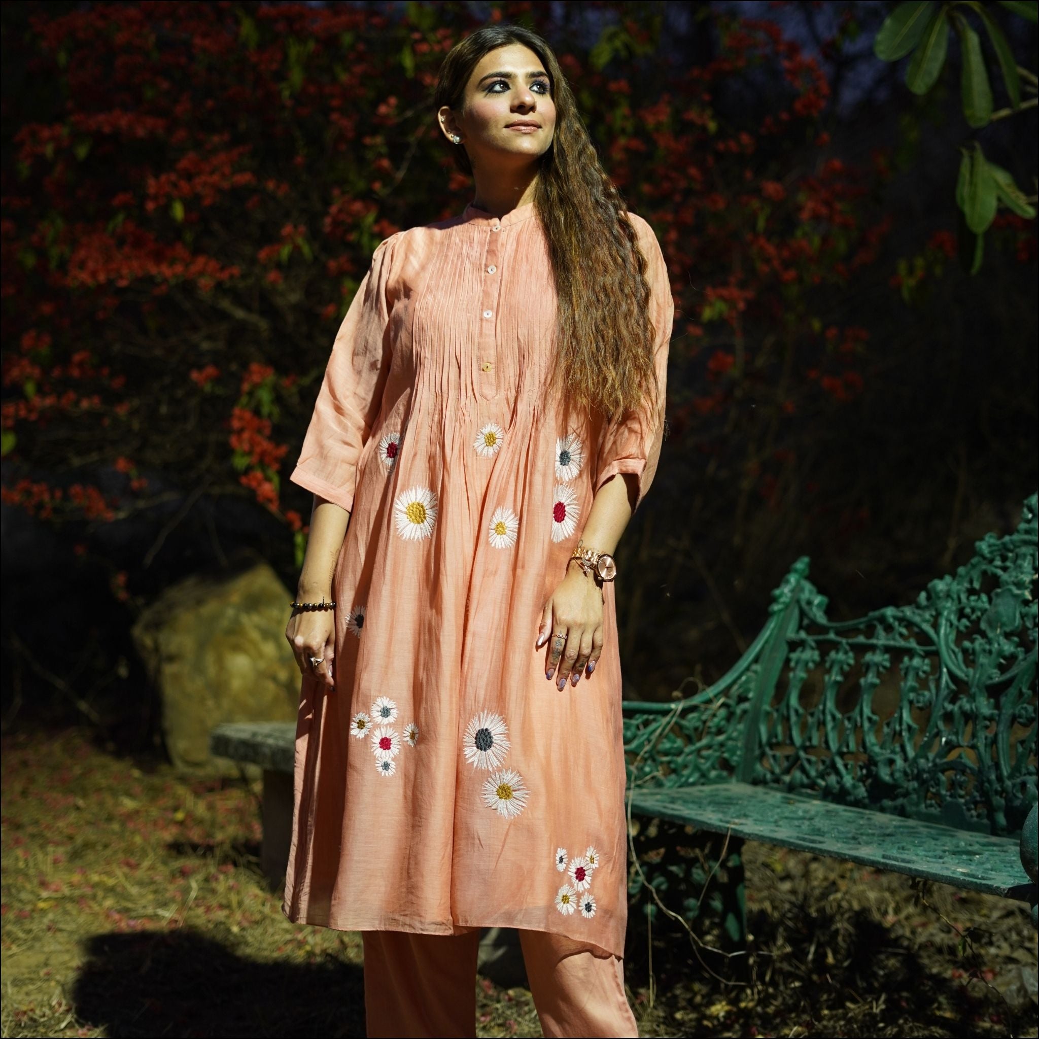 Peach Mul Cotton Pleated Kurti with Puff Sleeves & Cotton Pants