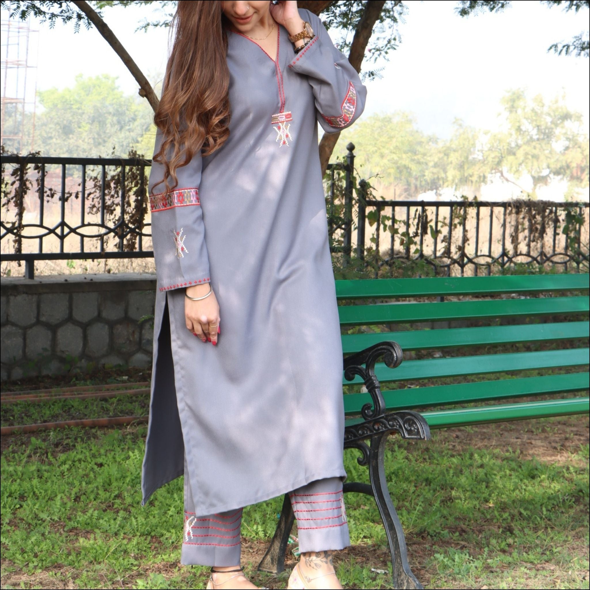 Grey Spun Kurti Pant Set with Geometric Thread Embroidery