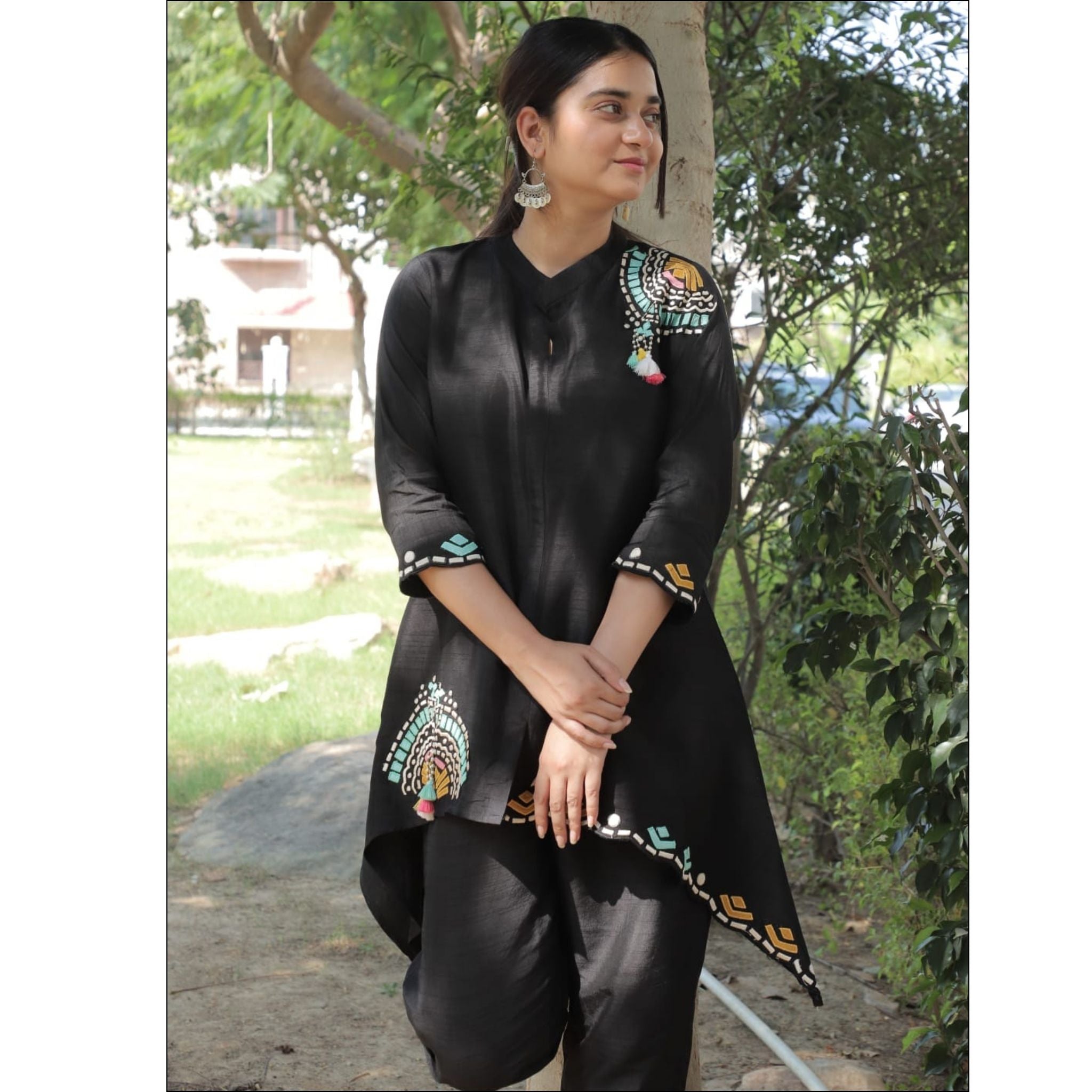 Black Dupian Silk Co-ord Set with Patch Work & Handmade Tassels