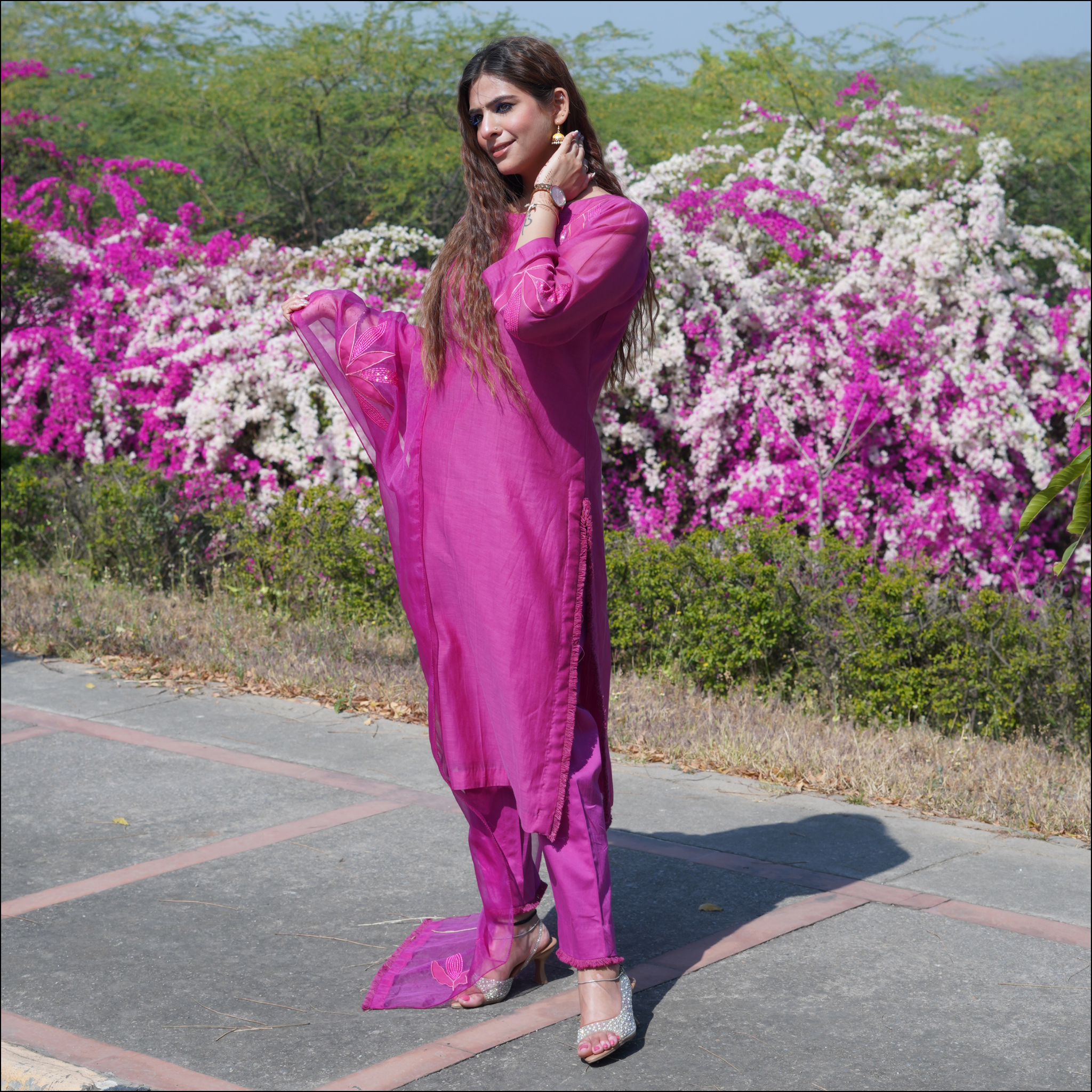 Pink Suit Set with Organza Dupatta & Sequin Embroidery