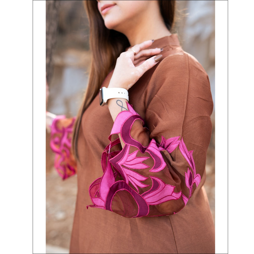 Gold Brown Cotton Chanderi Customized Co-ord Set with Applique & Hand Embroidery