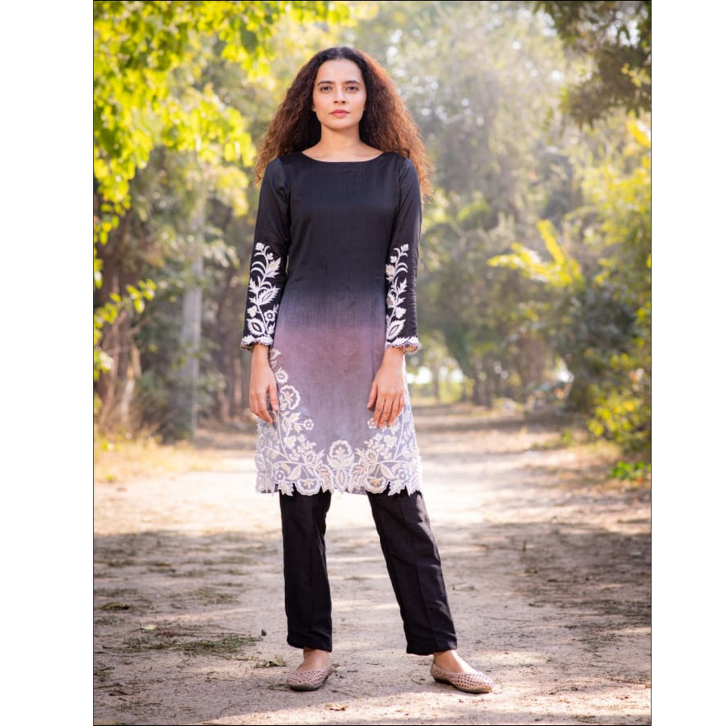 Grey Black Ombre Chanderi Kurti Pant Set with Heavy Thread Embroidery