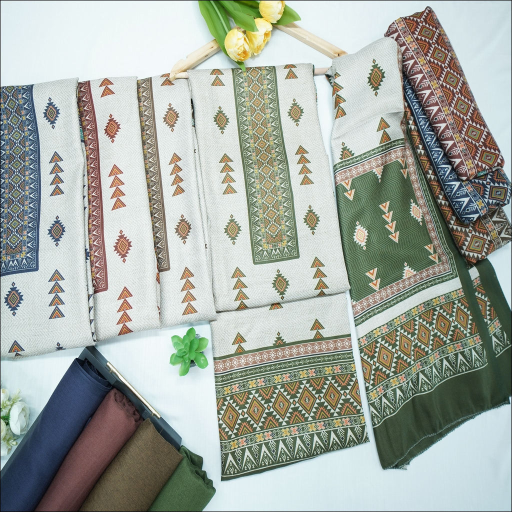 Green Beige Brown Spun Unstitched Winter Suit Set