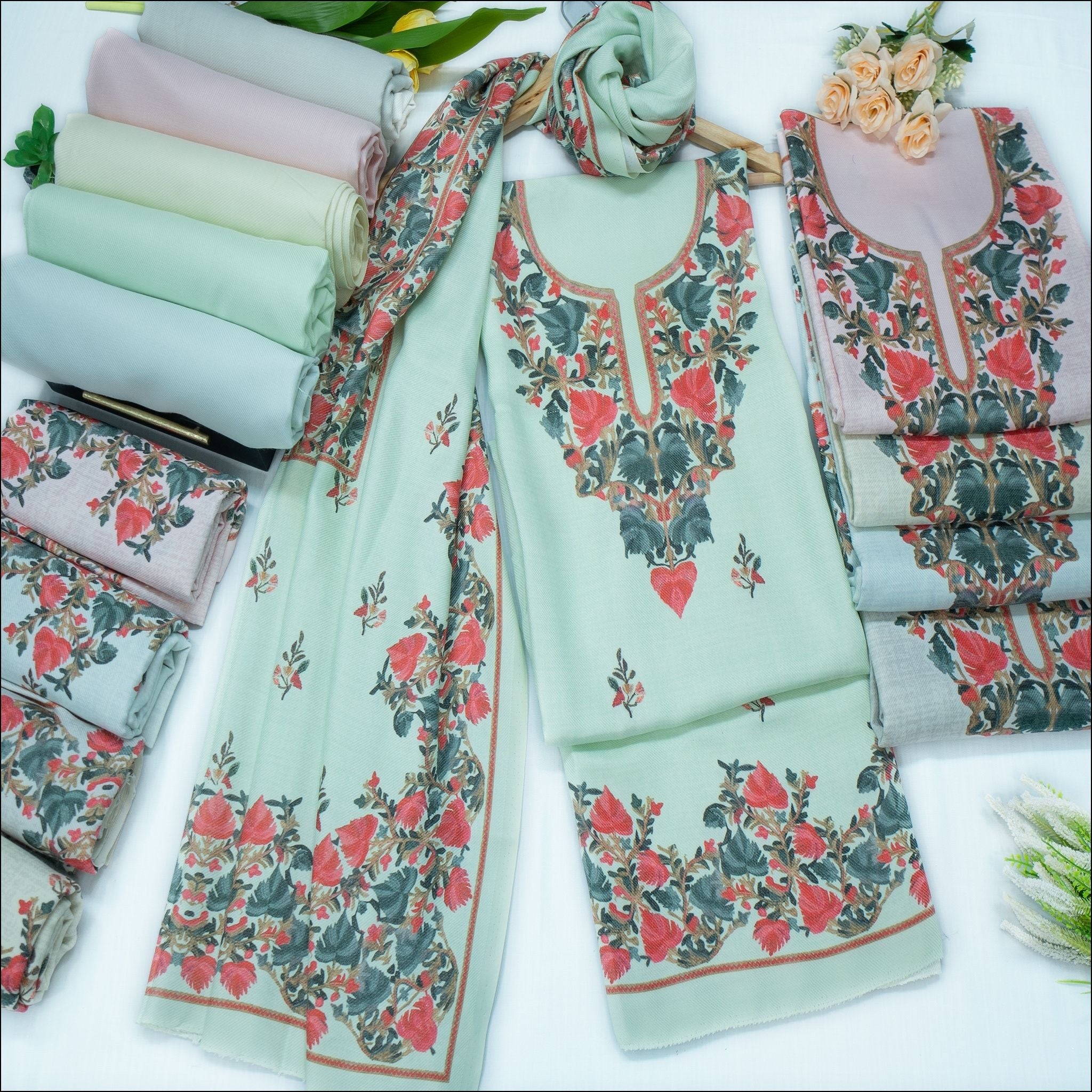 Mint Green Pink Off White Peach Beige Spun Unstitched Winter Suit Set