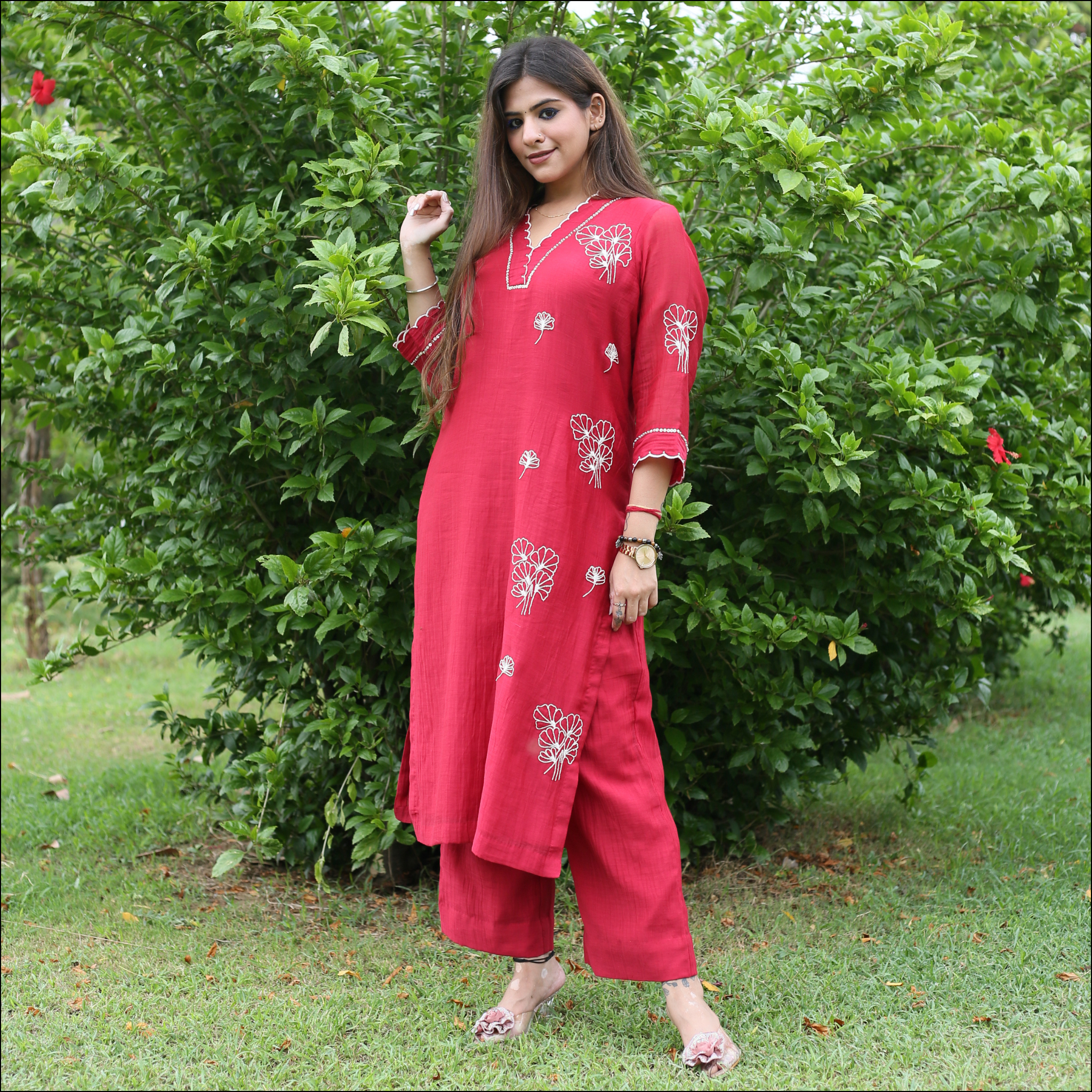 Red Mul Cotton Kurti Set with Dori, Sequin & Pearl Work
