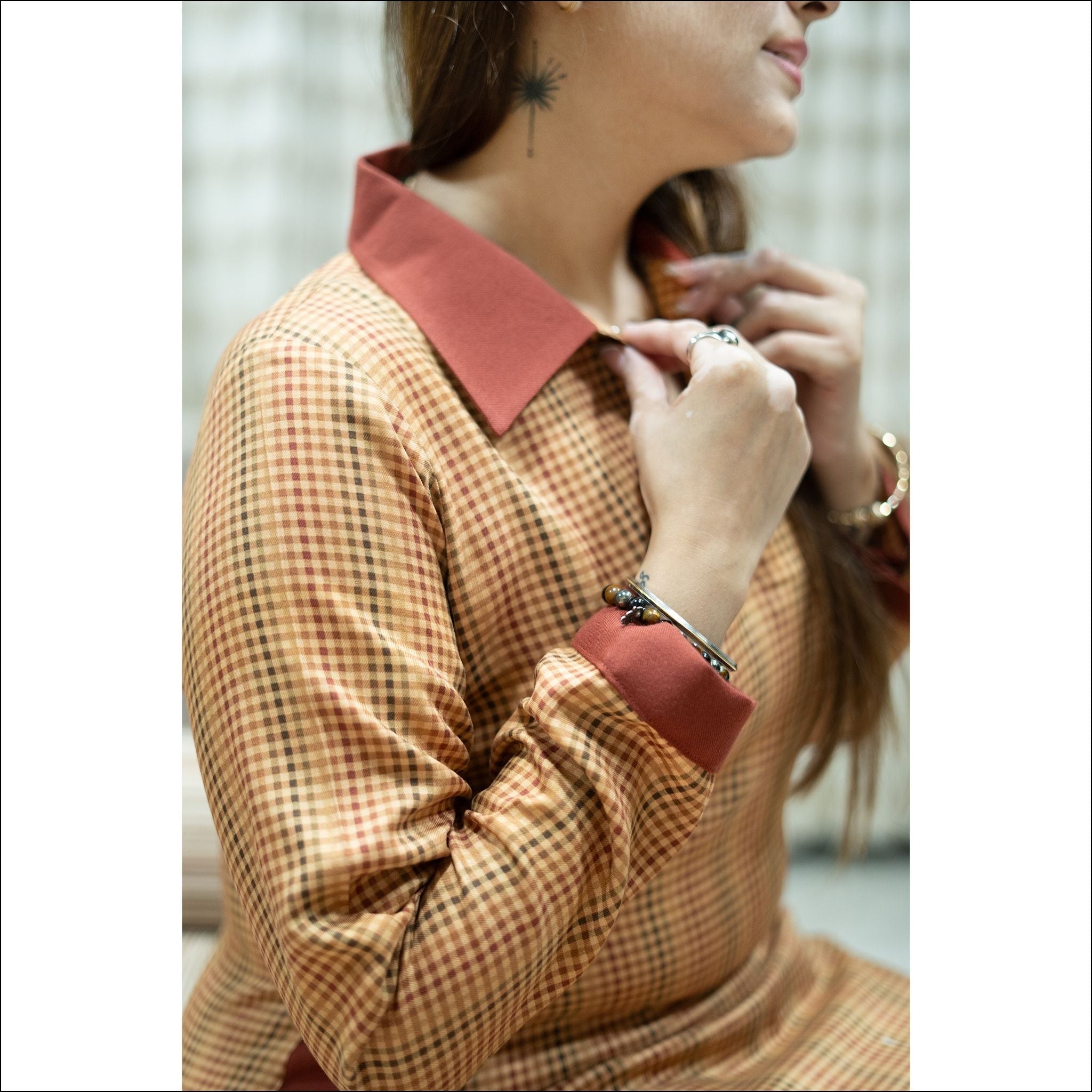 Mustard Yellow Spun Checks Dress with Collared Neck & Wooden Buttons