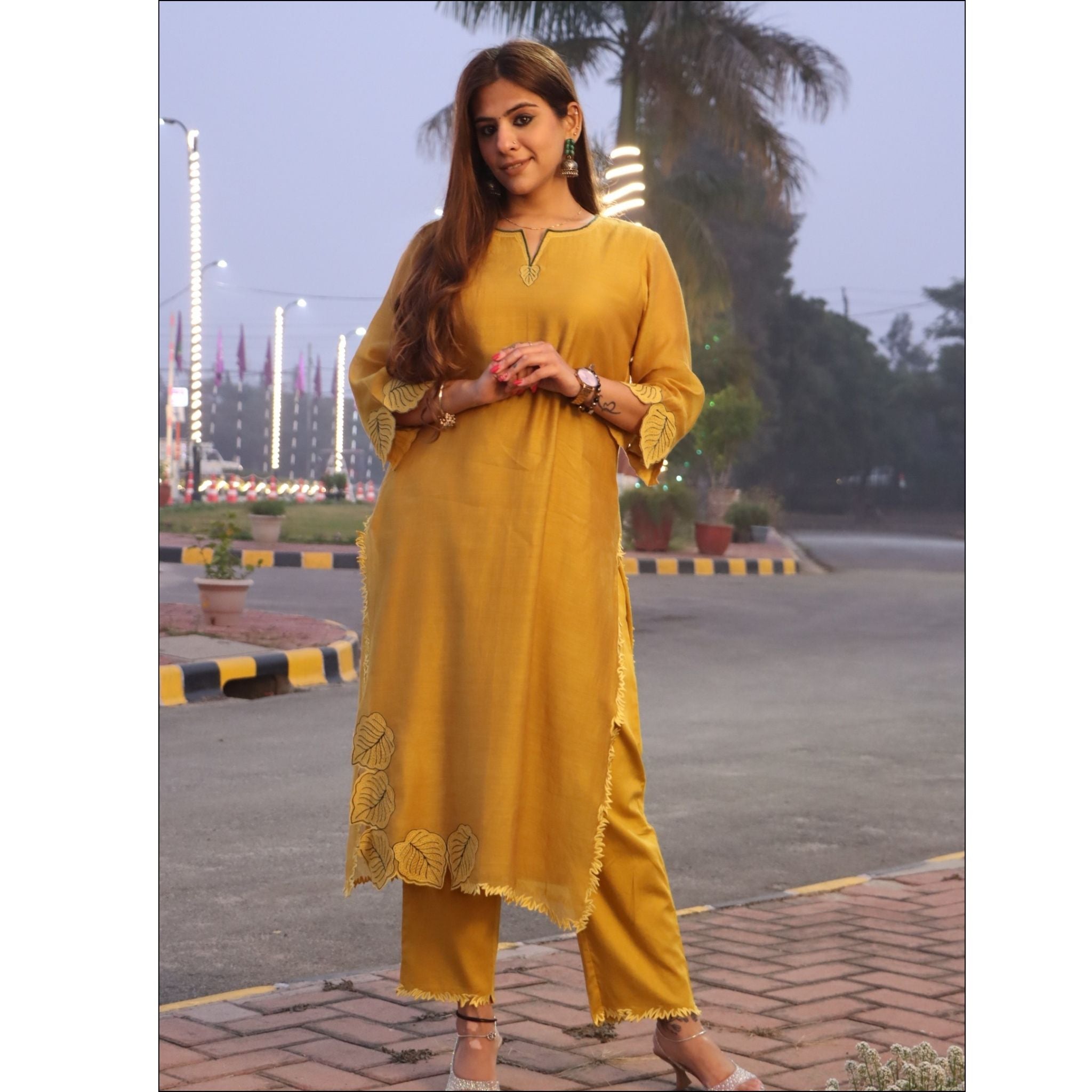 Mustard Yellow Malai Cotton Suit with Leaf Embroidery & Dupatta