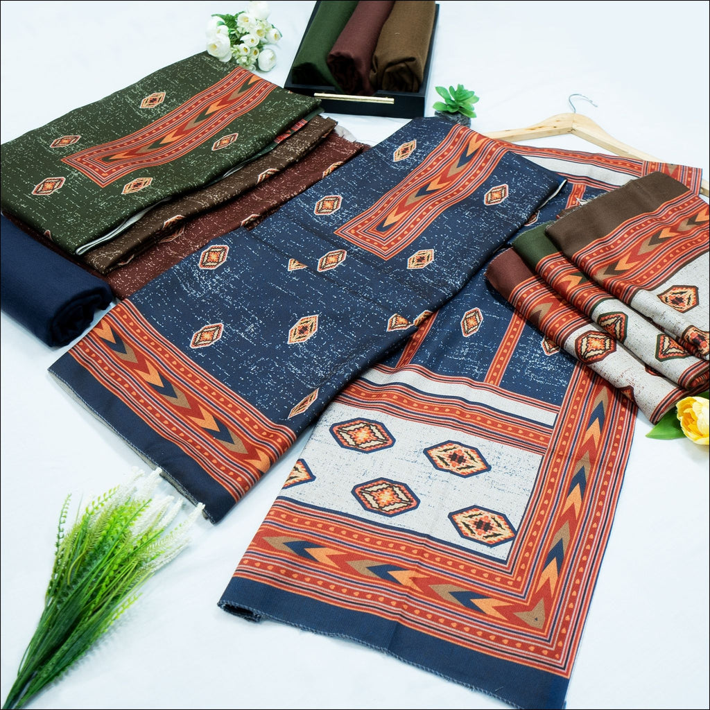Blue Green Brown Spun Unstitched Winter Suit Set