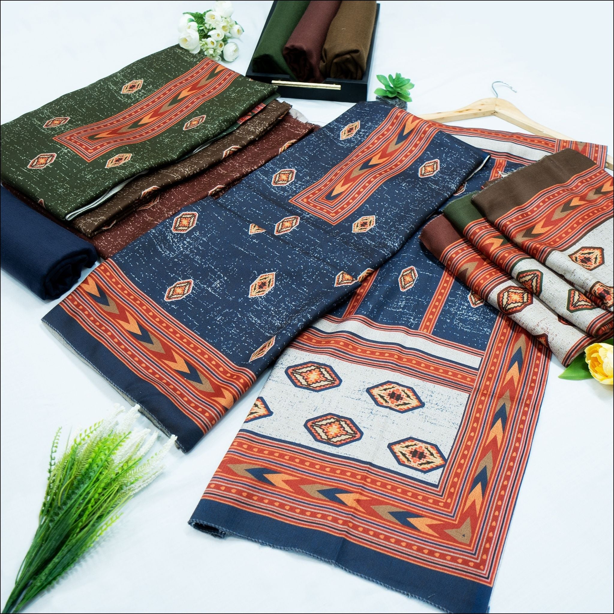 Blue Green Brown Spun Unstitched Winter Suit Set