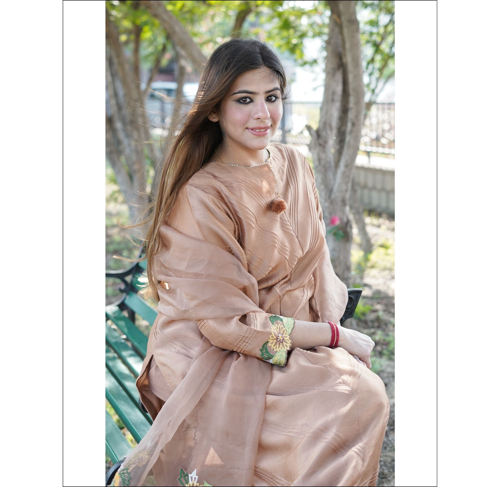 Muted Beige Chanderi Suit Set with Printex, Floral Embroidery & Organza Dupatta