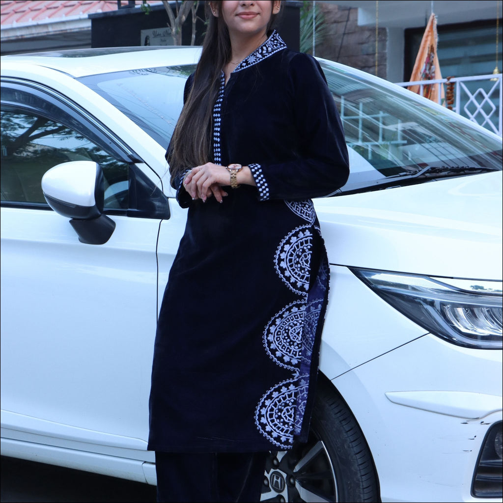 Dark Blue Velvet Kurti Pant Set with Embroidered Chinese Collar