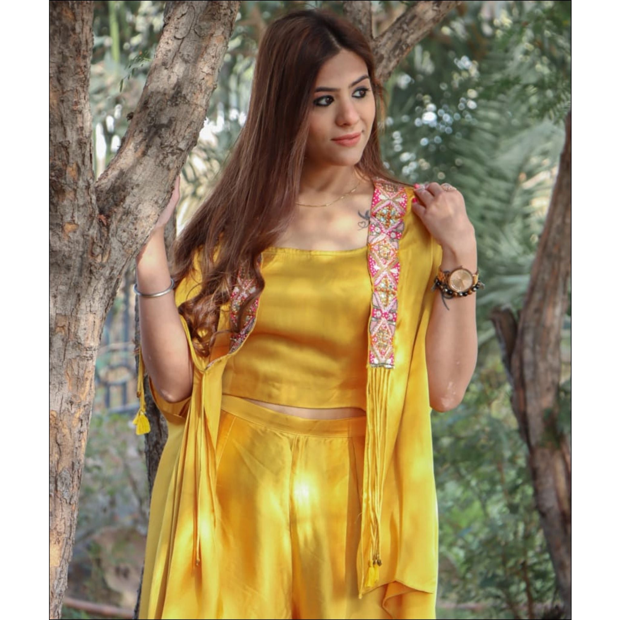 Bright Yellow Modal Silk Shrug Set with Colourful Handwork