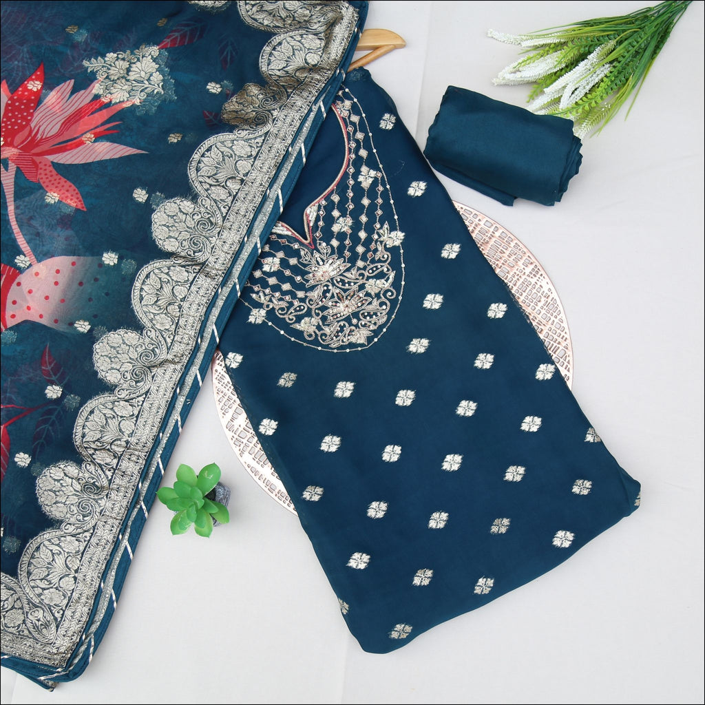 Zari Work Boota Kurti Unstitched Suit Set with Printed Dupatta