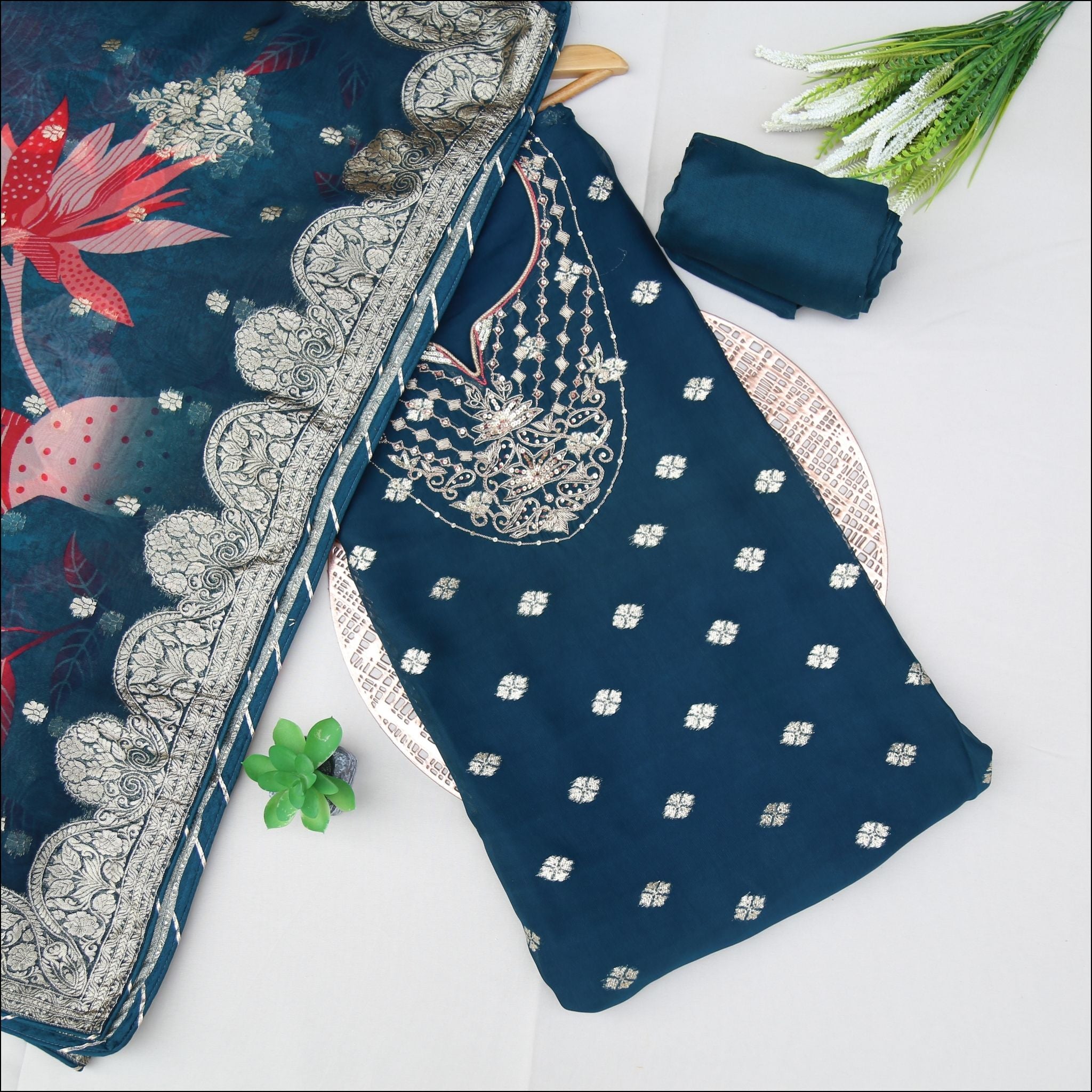 Zari Work Boota Kurti Unstitched Suit Set with Printed Dupatta