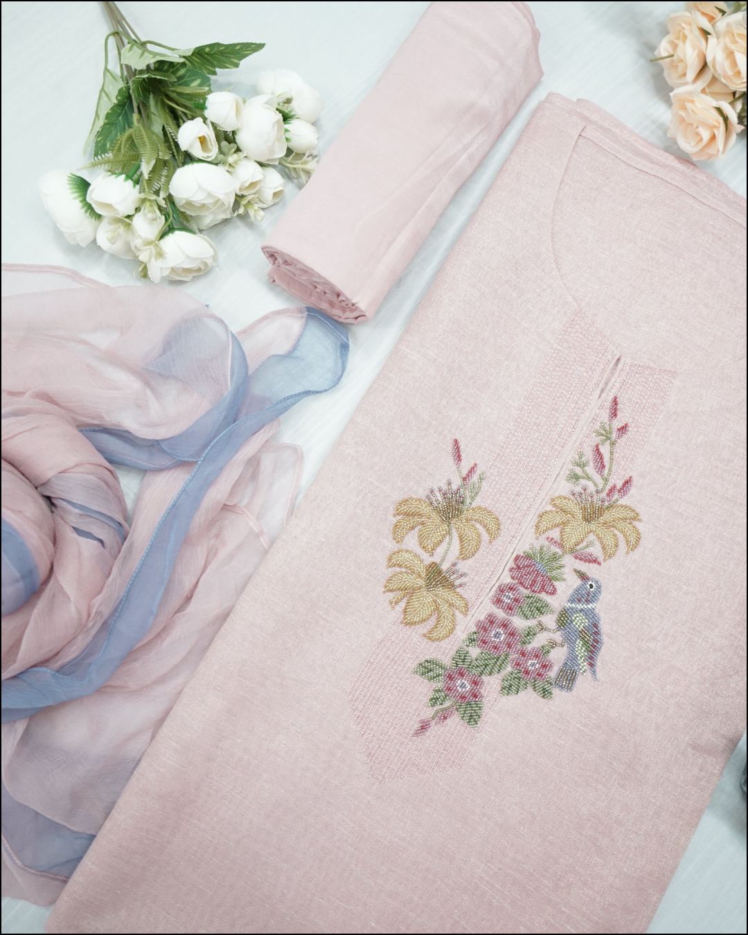 Unstitched Tissue Suit Set with Handwork Yoke & Chiffon Dupatta