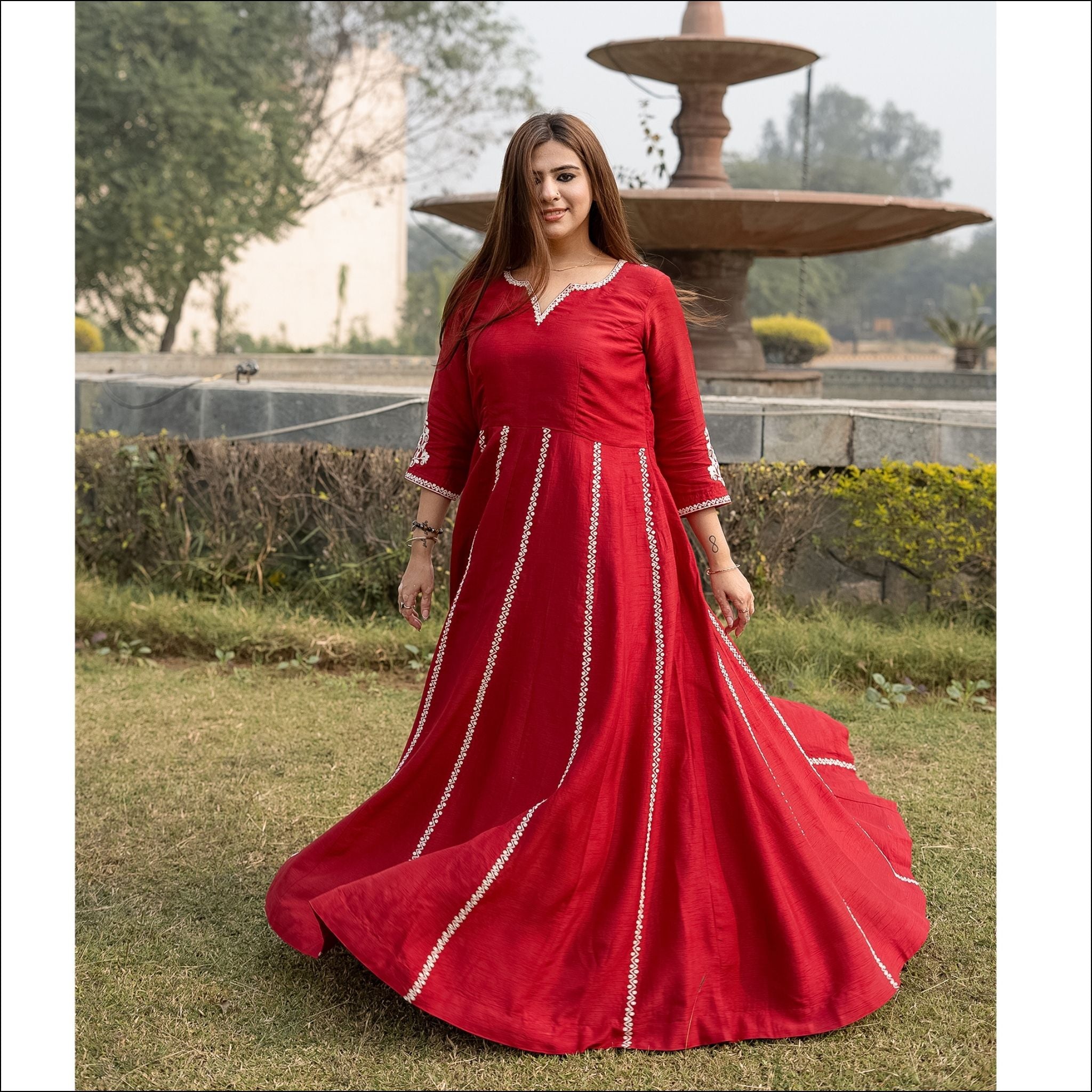 Red Silk Anarkali with Dori Work & Organza Dupatta