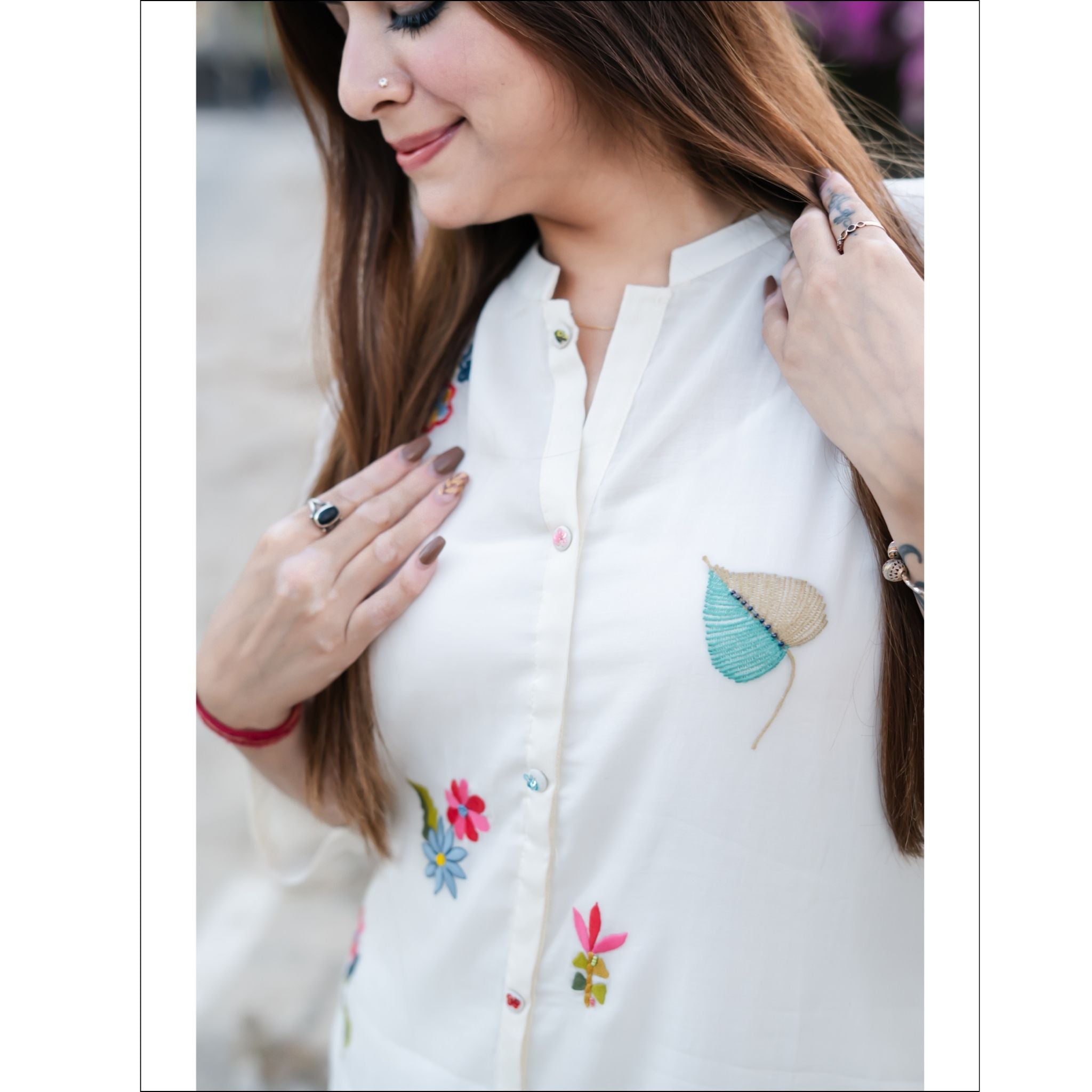 White Pure Mul Kurti with Embroidery, Pearls & Designer Buttons