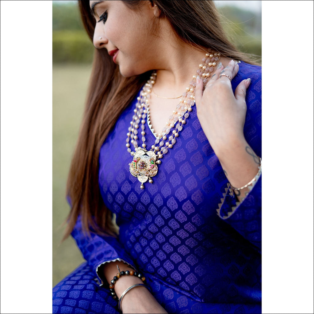 Royal Blue Silk Kurti Pant Set with Lace Neck & Sleeve Detailing