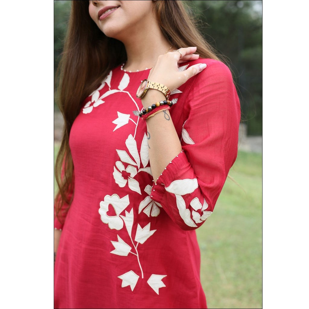 Red Mul Cotton Kurti with Applique & Pearl Work