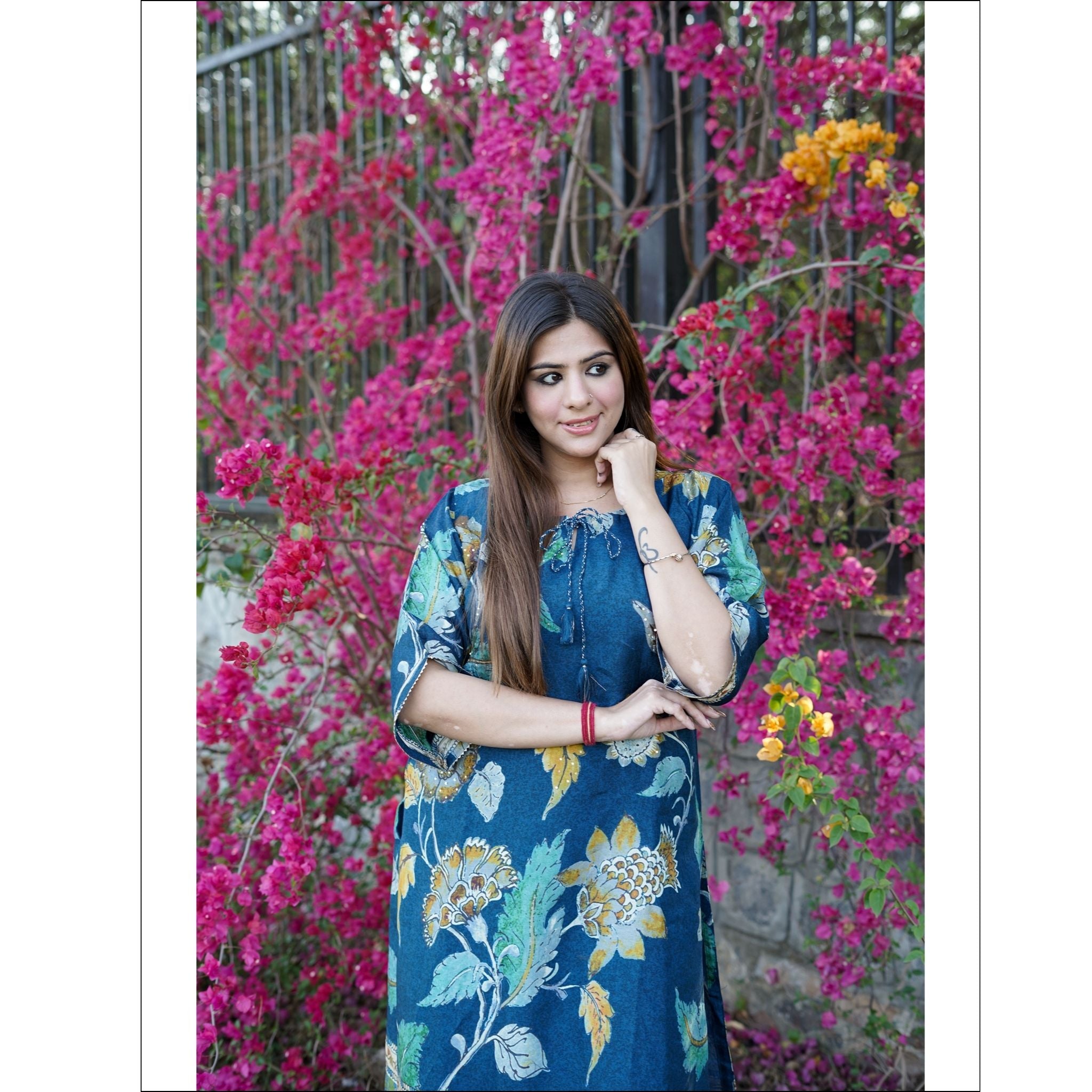 Deep Teal Blue Muslin Kurta with Floral Print & Dori Tassels