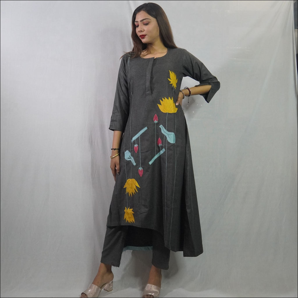 Grey Spun Kurti Pant Set with Colourful Applique Work