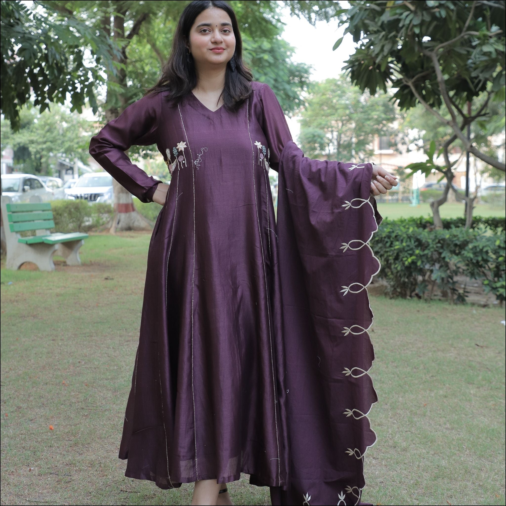 Full Sleeves Kurti with Colorful Thread Work & Embroidered Mul Cotton Dupatta
