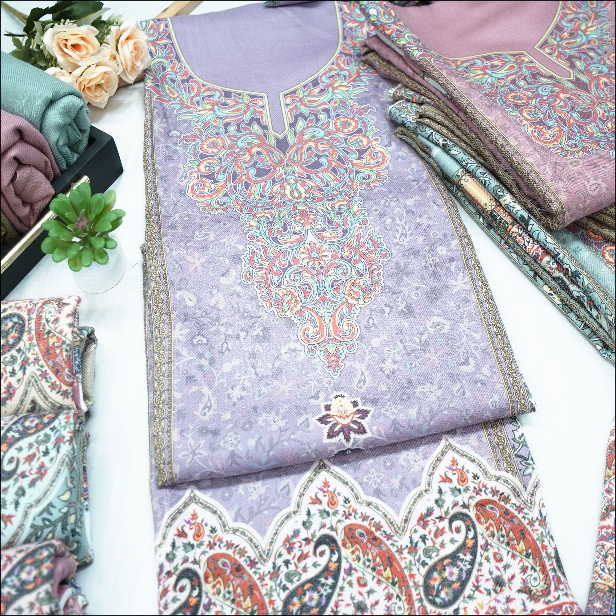 Lavender Purple Dusky Rose Mauve Spun Unstitched Winter Suit Set