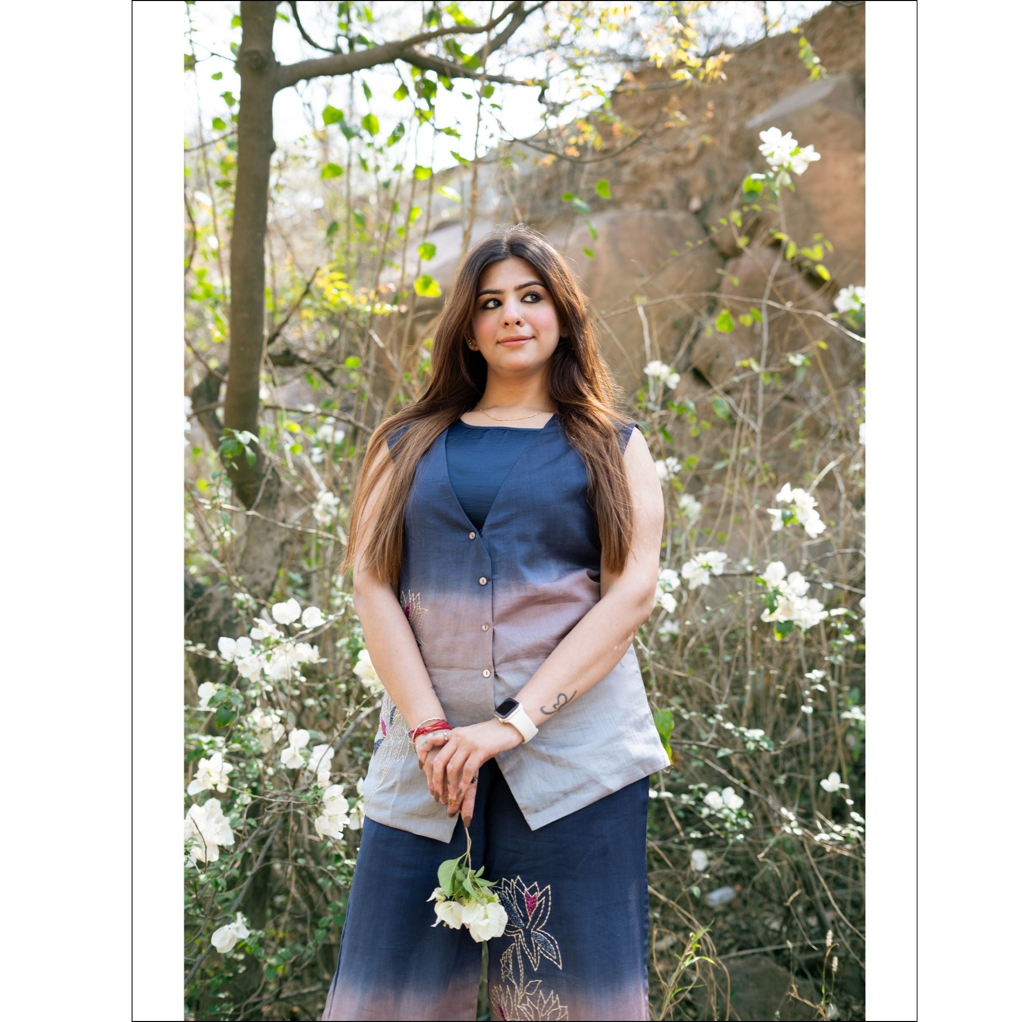 Grey to Deep Blue Ombre Cotton Chanderi Co-ord Set with Cut Dana Embroidery