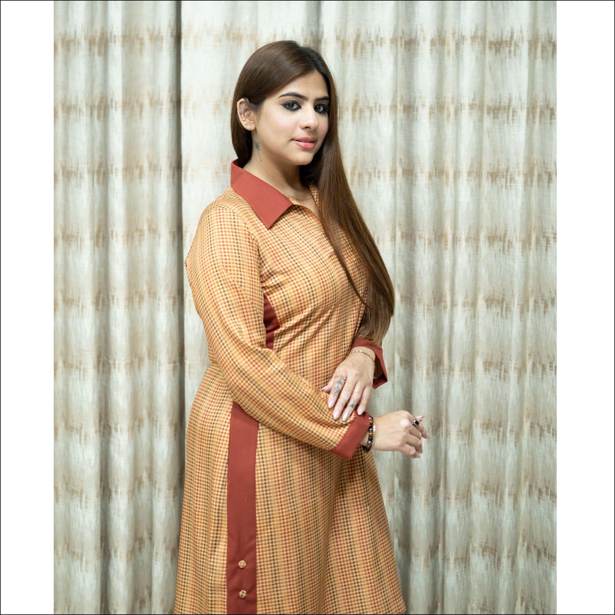 Mustard Yellow Spun Checks Dress with Collared Neck & Wooden Buttons