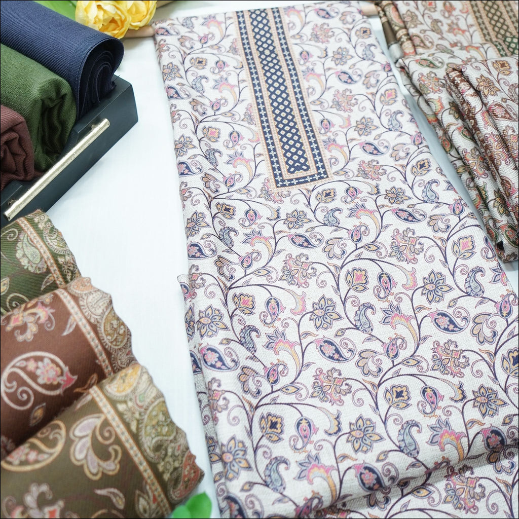 Green Brown Dark Blue Spun Unstitched Winter Suit Set