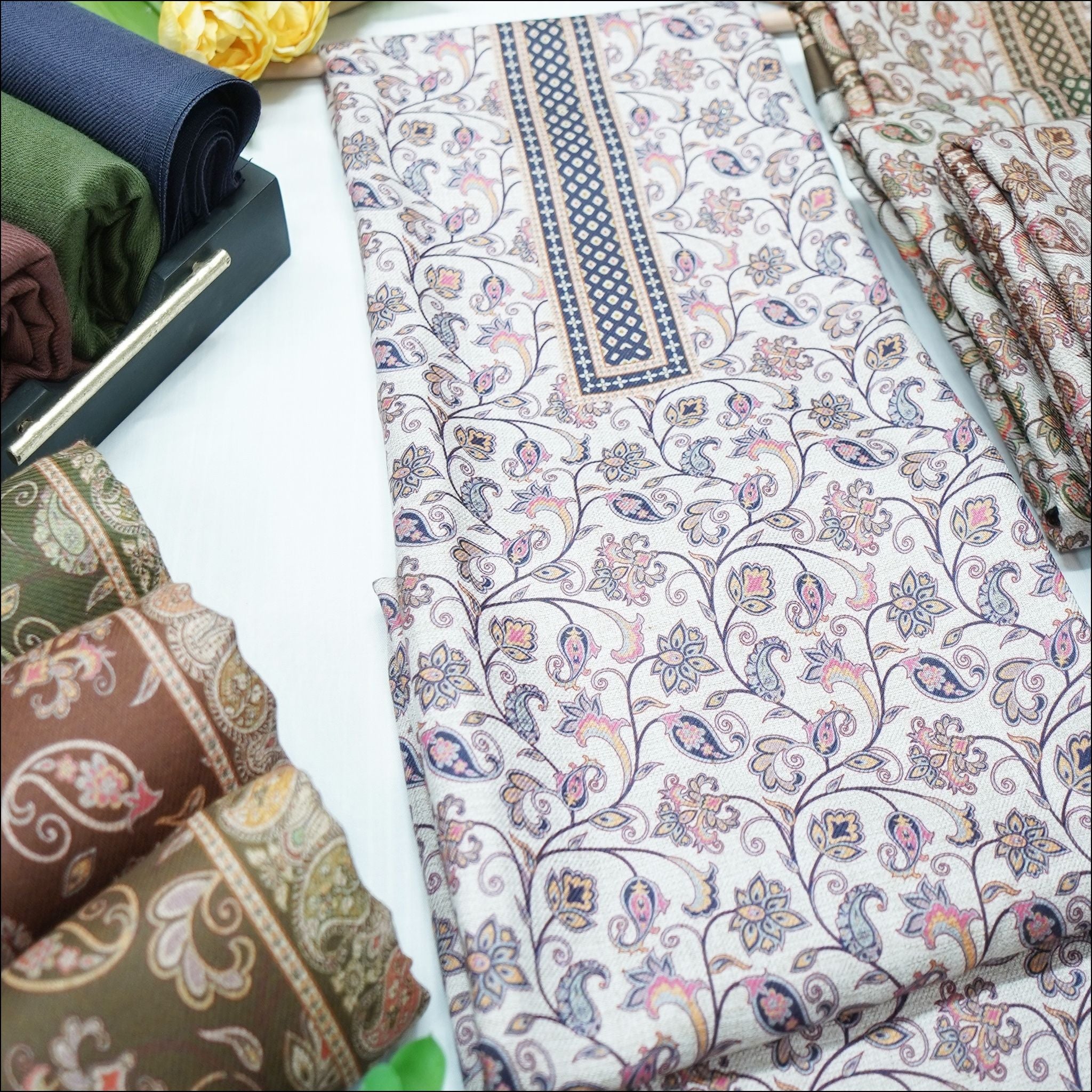 Green Brown Dark Blue Spun Unstitched Winter Suit Set